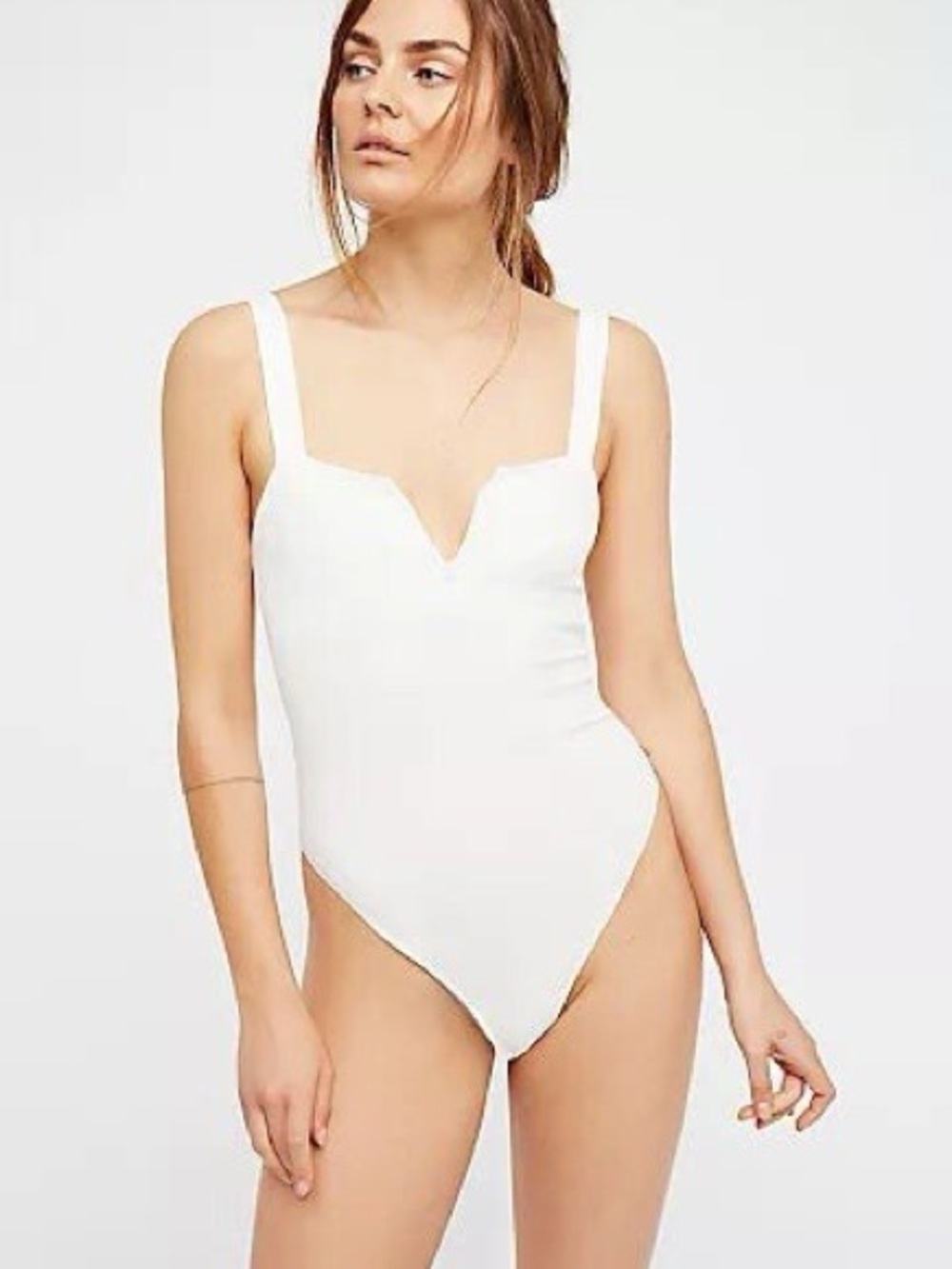 Free People Pippa White V-Neck Square Strap Bodysuit
